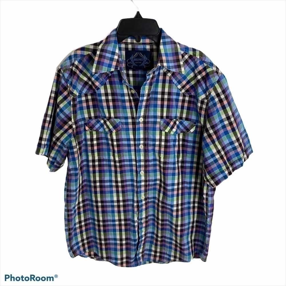 Bruno Plaid Short Sleeve Top Men’s Size Large Blue
